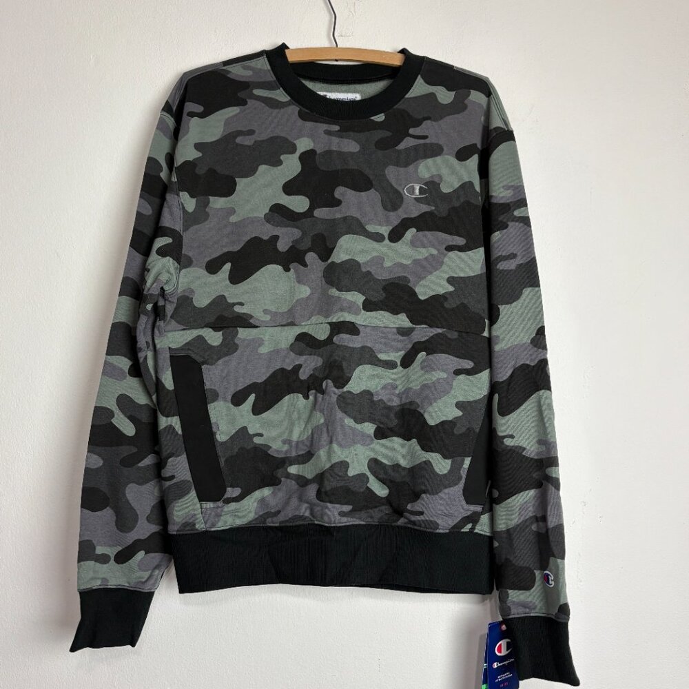 Champion Men’s Camo Crewneck Sweatshirt Sz S Green Black Pullover Logo Layering
